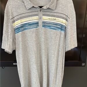 Travis Mathew Gray and Blue Polo Shirt Sporty Striped Design
